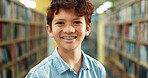 Portrait, education and  boy in library, smile and knowledge for child development. Student, braces and kid in school, learning and study for scholarship, books and information literacy for growth