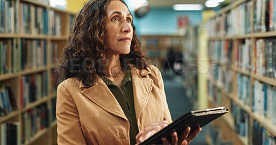 Buy stock photo Thinking, worker and woman in library, tablet and story information for business decision. Mature person, employee and professional with tech for research, e resources management and books inspection