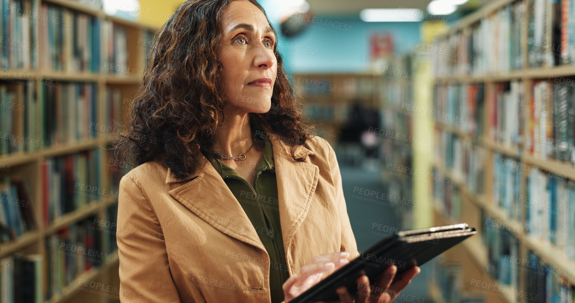 Buy stock photo Thinking, worker and woman in library, tablet and story information for business decision. Mature person, employee and professional with tech for research, e resources management and books inspection