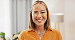 Smile, relax and portrait of woman in home for peace, confidence and wellness. Happiness, pride and weekend break with female person in living room of apartment for comfortable, free time and rest