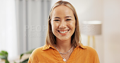 Buy stock photo Smile, relax and portrait of woman in home for peace, confidence and wellness. Happiness, pride and weekend break with Asian female person in living room of apartment for calm, free time and chill
