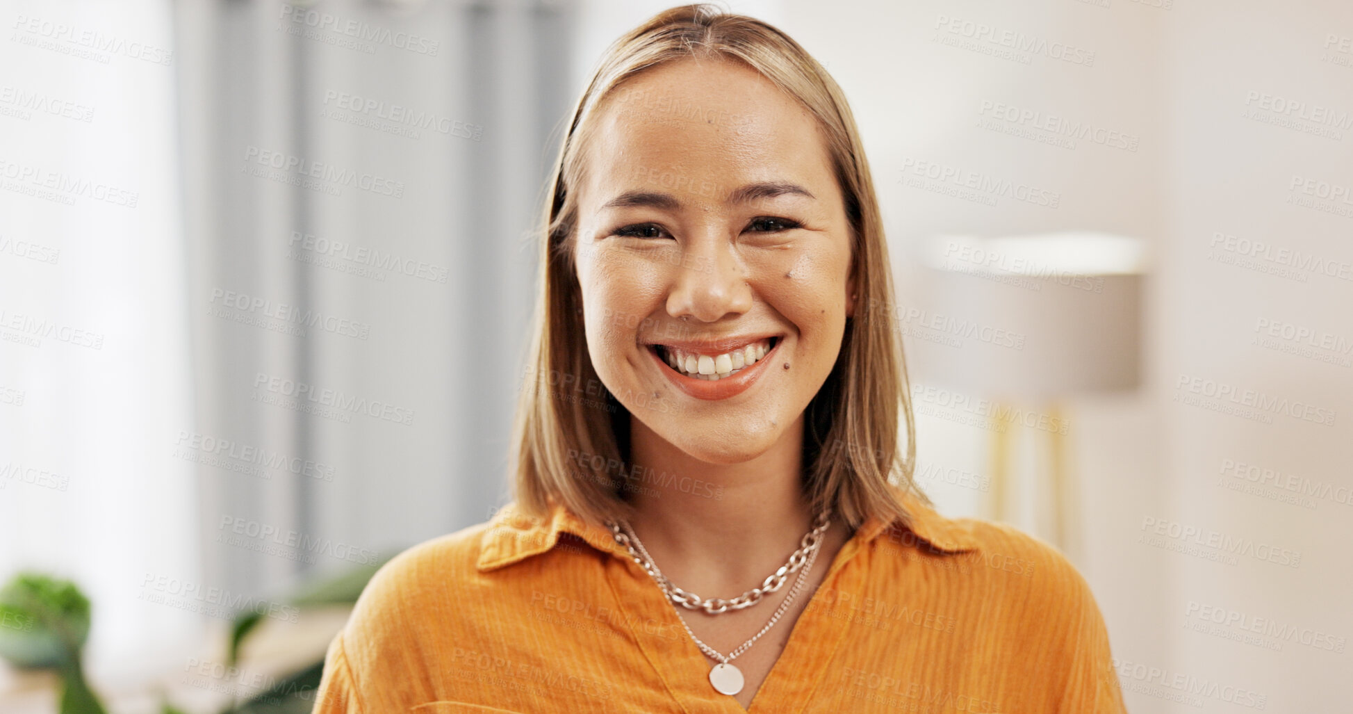 Buy stock photo Smile, relax and portrait of woman in home for peace, confidence and wellness. Happiness, pride and weekend break with Asian female person in living room of apartment for calm, free time and chill