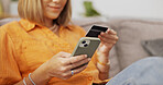 Credit card, hands and woman with phone on sofa for online shopping, internet payment and digital purchase. Home, smartphone and person with bank info for subscription, website store and ecommerce
