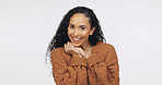 Student, portrait and happy woman with pride in studio, knowledge and study opportunity with funding. White background, learner and person with scholarship, mockup space or higher education in Brazil