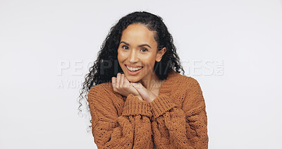 Buy stock photo Student, portrait and happy woman with pride in studio, knowledge and study opportunity with college. White background, excited and person with scholarship, mockup space or higher education in Brazil