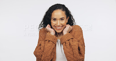 Buy stock photo Excited, portrait and woman with smile in studio, university and study opportunity with scholarship. White background, student and person with college funding, mockup space and education in Brazil
