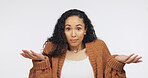 Portrait, woman and confused with shrug in studio for uncertain gesture, doubt and clueless. Question, person and puzzled on white background with dont know expression, unsure and skeptical emoji