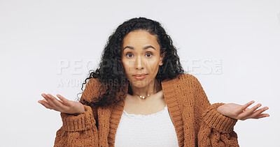 Buy stock photo Portrait, woman and confused with shrug in studio for uncertain gesture, doubt and clueless. Question, person and puzzled on white background with dont know expression, unsure and skeptical emoji