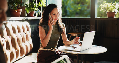 Buy stock photo Woman, phone call and laptop in coffee shop for remote work, trend research and conversation. Freelance person, tech and chat in cafe for project, communication or social networking in small business