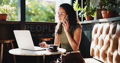 Buy stock photo Woman, laptop and journalist with phone call in cafe for communication or conversation. Female person, freelancer or remote work with mobile smartphone or computer for discussion in coffee shop