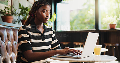 Buy stock photo Creative, typing and woman with laptop in cafe, blogger and freelance project on web or ad campaign. Copywriting, online and black person with tech for blog, email marketing and remote work in shop