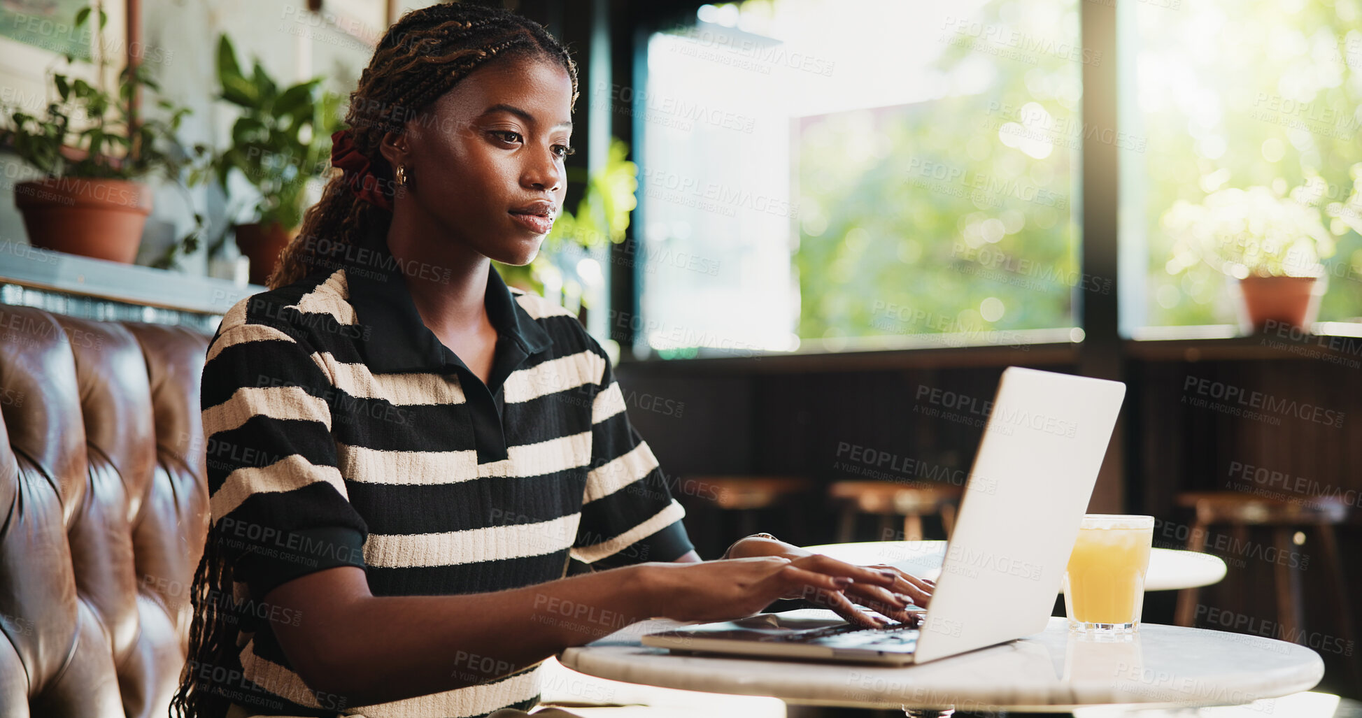Buy stock photo Creative, typing and woman with laptop in cafe, blogger and freelance project on web or ad campaign. Copywriting, online and black person with tech for blog, email marketing and remote work in shop