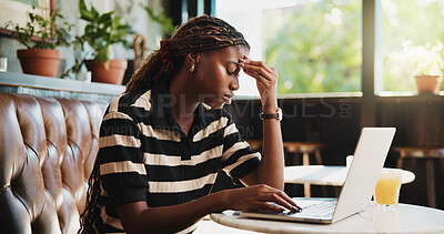 Buy stock photo Black woman, headache and laptop with stress in cafe for mistake, fatigue or mental health. Frustrated, female person or freelancer with migraine, pain or ache on computer for deadline in coffee shop