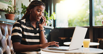 Buy stock photo Black woman, laptop and cafe with phone call for conversation, news discussion or remote work. Happy person, freelancer or journalist talking with mobile, computer or article review in coffee shop