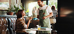 Happy people, customer and waiter with pos machine in cafe for credit card payment or purchase. Man, woman or smile with NFC or debit for order, wireless transaction or banking app in coffee shop