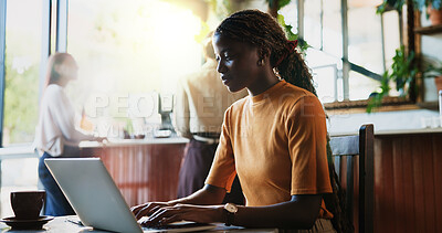 Buy stock photo Creative, woman and typing with laptop at cafe for remote work, proofreading and editor feedback. Journalist, freelancer and pc for editing article, copywriting report and draft update for submission