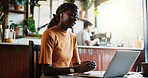 Video call, laptop or black woman in cafe with earphones, startup pitch or online meeting in remote work. Happy, networking or freelancer with tech, small business feedback or virtual chat in bistro.