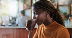 Break, drink and thinking with black woman in coffee shop for morning or weekend hospitality. Cup, inspiration and vision with African customer in restaurant cafe for future, ideas or planning