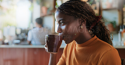 Buy stock photo Break, drink and thinking with woman in coffee shop for morning or weekend hospitality. Cup, inspiration and vision with thoughtful customer person in restaurant cafe for future, ideas or planning