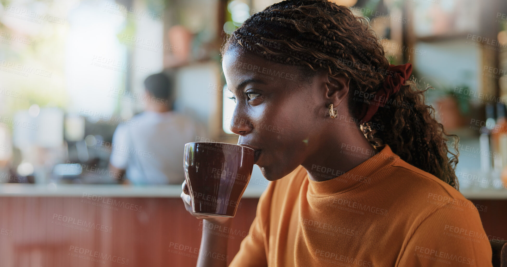 Buy stock photo Break, drink and thinking with woman in coffee shop for morning or weekend hospitality. Cup, inspiration and vision with thoughtful customer person in restaurant cafe for future, ideas or planning