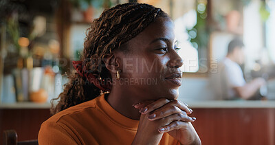 Buy stock photo Break, thinking and wellness with woman in coffee shop for morning or weekend hospitality. Inspiration, relax and vision with happy customer person in restaurant cafe for future, ideas or planning