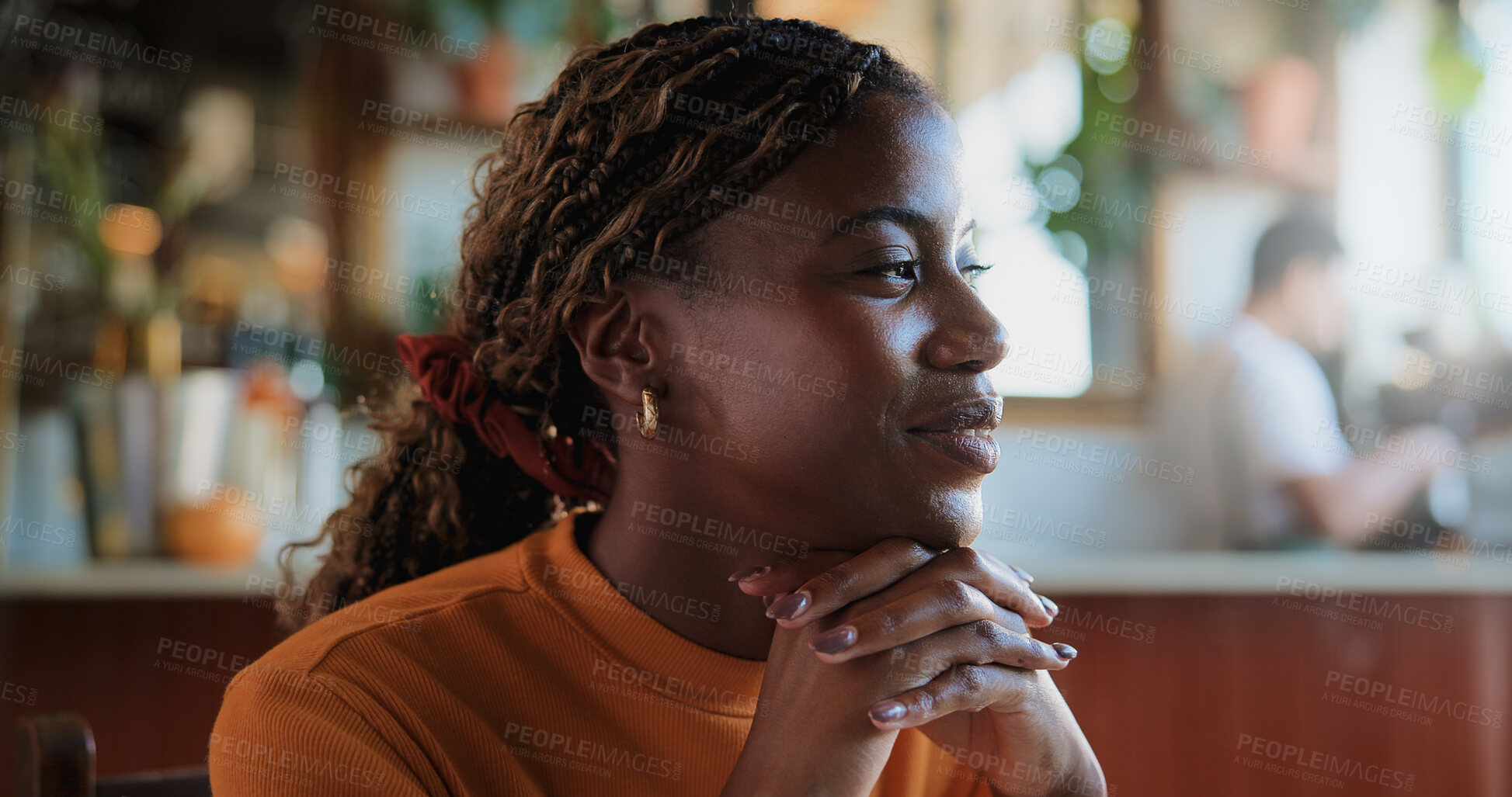 Buy stock photo Break, thinking and wellness with woman in coffee shop for morning or weekend hospitality. Inspiration, relax and vision with happy customer person in restaurant cafe for future, ideas or planning