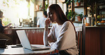 Remote work, thinking and woman in cafe with laptop for social media, campaign and project. Freelancer, planning and person in coffee shop with computer for post, marketing and reading review