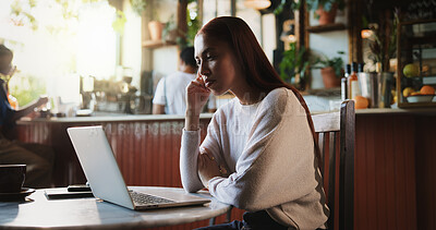 Buy stock photo Remote work, thinking and woman in cafe with laptop for social media, campaign and project. Freelancer, planning and person in coffee shop with computer for post, marketing and reading review