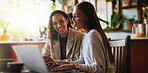 Creative, people and reading with laptop at cafe for research, proofreading or editor feedback. Smile, women and freelancer with pc for editing article, copywriting report and teamwork for submission