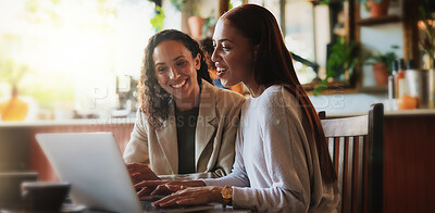 Buy stock photo Creative, people and reading with laptop at cafe for research, remote work or editor feedback. Smile, women and freelancer with pc for editing article, copywriting report and teamwork for submission