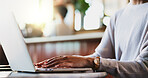 Hands, creative and woman with laptop at cafe for remote work, proofreading and editor feedback. Person, freelancer and editing article with pc, copywriting report and confirm source for publication