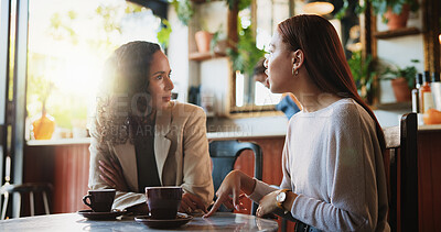 Buy stock photo Business, meeting and talking with women in coffee shop together for project management or update. Collaboration, conversation and feedback with employee people in cafe for discussion or teamwork