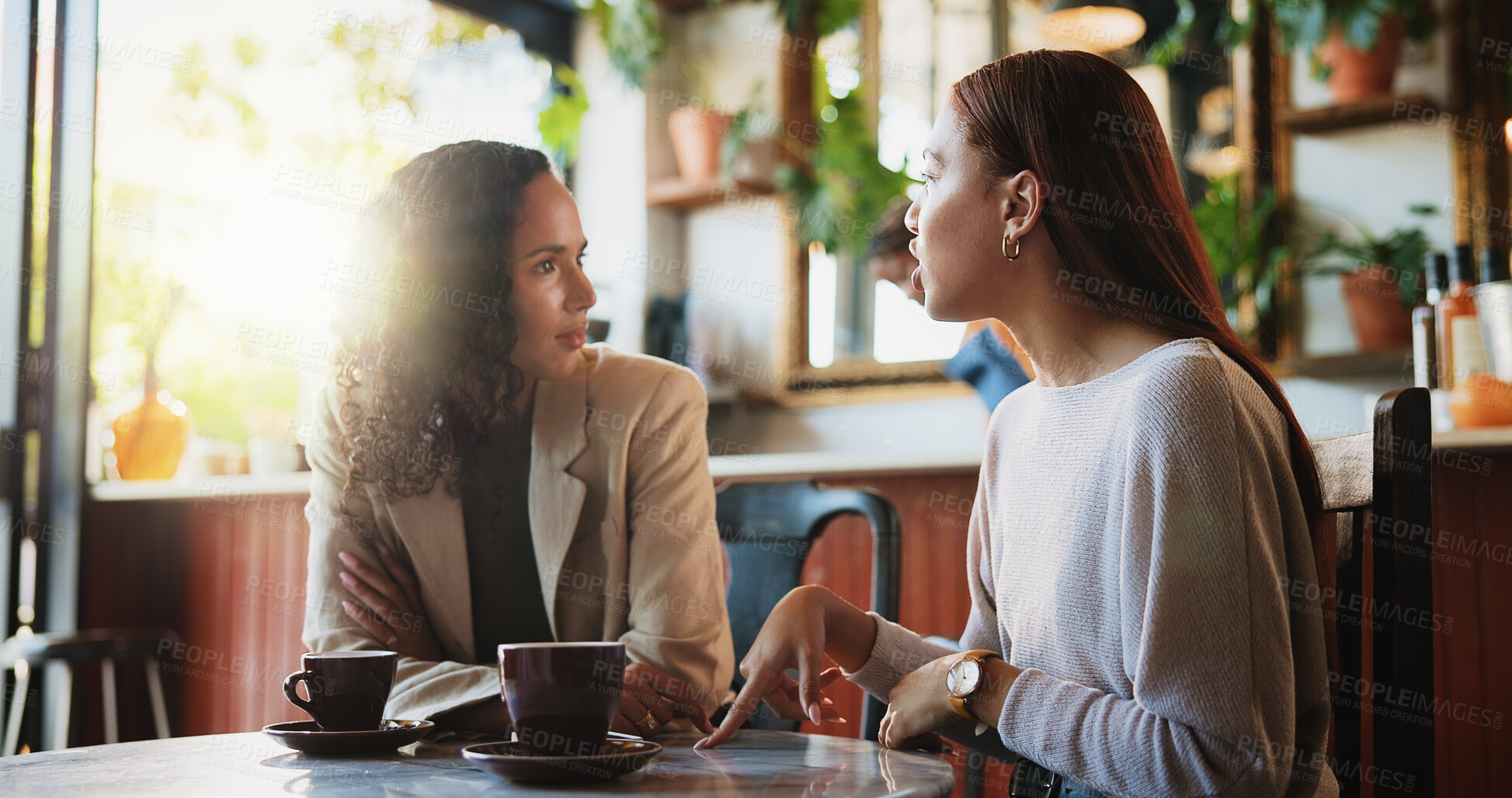 Buy stock photo Business, meeting and talking with women in coffee shop together for project management or update. Collaboration, conversation and feedback with employee people in cafe for discussion or teamwork