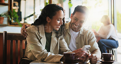 Buy stock photo Coffee, phone and couple in cafe on date with social media, texting or funny blog on mobile app. Laughing, warm beverage and man with woman on cellphone for comic meme online in restaurant or diner.