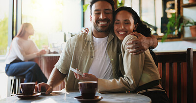 Buy stock photo Smile, couple and hug on date at cafe for love, partner affection and bonding together. Happy, people and embrace for romance, healthy relationship and commitment with morning coffee at restaurant