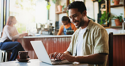 Buy stock photo Creative, man and typing with laptop at cafe for remote work, proofreading and editor feedback. Person, freelancer and editing article with tech, copywriting report and confirm source for publication