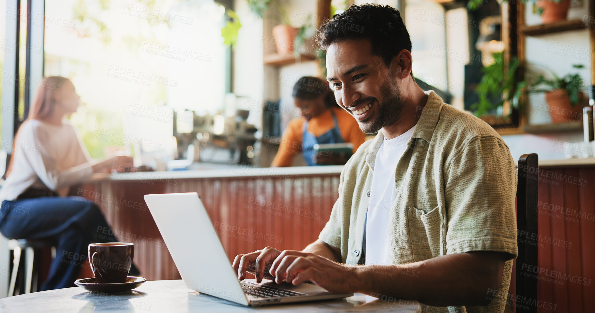 Buy stock photo Creative, man and typing with laptop at cafe for remote work, proofreading and editor feedback. Person, freelancer and editing article with tech, copywriting report and confirm source for publication