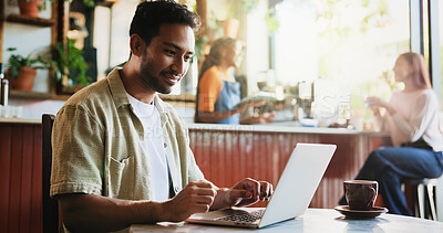 Buy stock photo Creative, man and reading with laptop at cafe for remote work, proofreading and editor feedback. Person, freelancer and editing article with pc, copywriting report and confirm source for publication