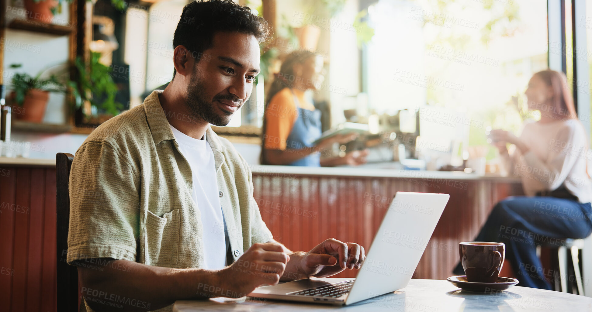 Buy stock photo Creative, man and reading with laptop at cafe for remote work, proofreading and editor feedback. Person, freelancer and editing article with pc, copywriting report and confirm source for publication
