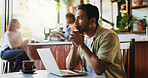 Remote work, idea and man in cafe with laptop for social media, campaign and thinking of project. Freelancer, planning and person in coffee shop with computer for post, marketing and reading review