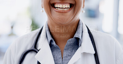 Buy stock photo Hospital, woman and mouth of happy doctor in office for medical support, health service or career. Healthcare, wellness and person with smile, confidence or pride for medicine, clinic and medicare