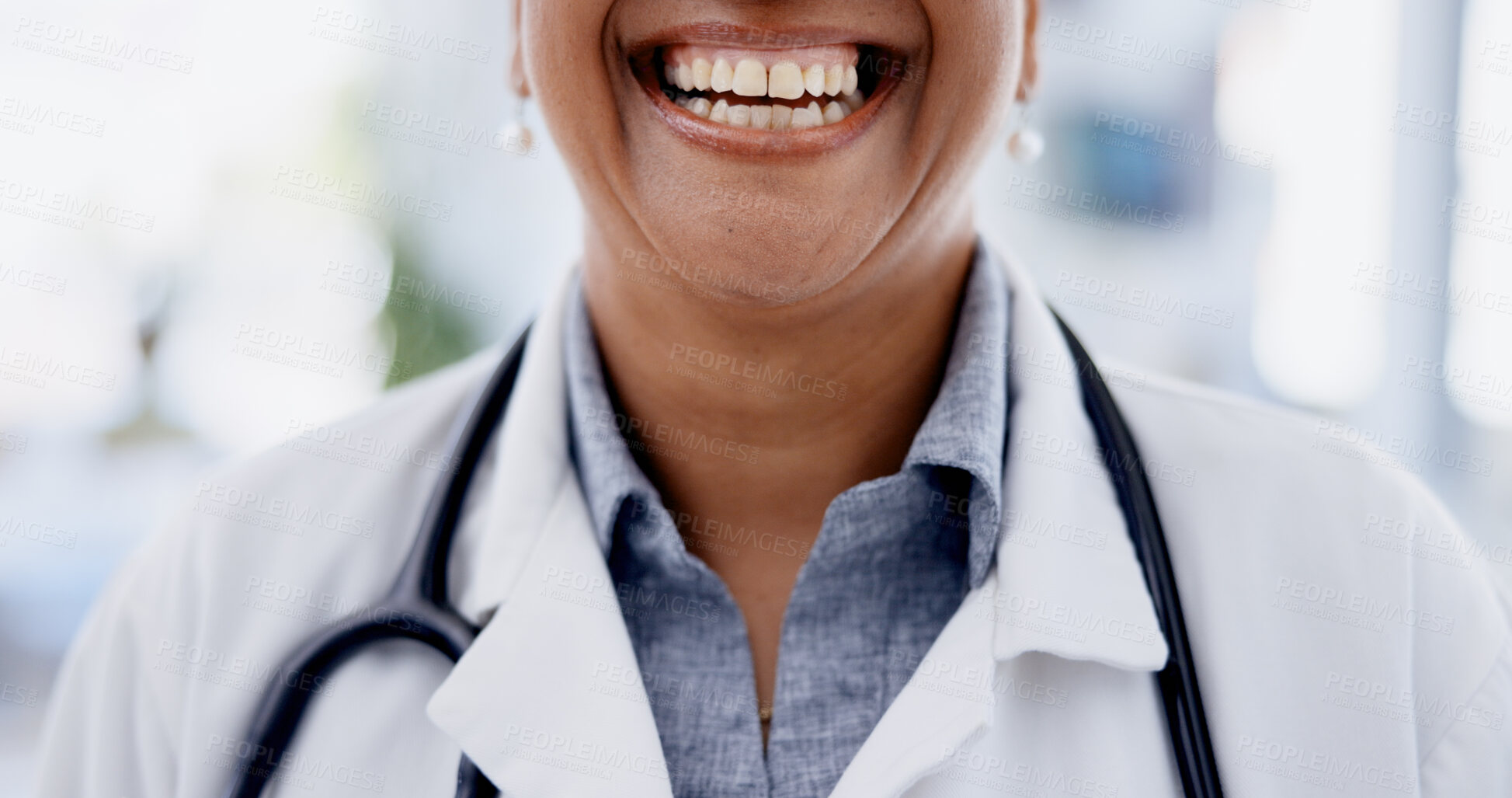 Buy stock photo Hospital, woman and mouth of happy doctor in office for medical support, health service or career. Healthcare, wellness and person with smile, confidence or pride for medicine, clinic and medicare
