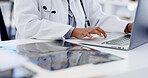Hospital, typing and hands of doctor on laptop for online schedule, patient report and research. Healthcare, x ray and woman on computer for digital scan, insurance and results for medical service