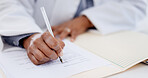 Documents, writing and hands of businesswoman in office for deal, legal contract or agreement. Pen, registration and female attorney with paperwork for application form with title deed in workplace.