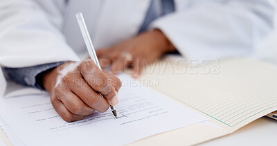 Buy stock photo Documents, signature and hands of businesswoman in office for deal, legal contract or agreement. Pen, writing and female attorney with paperwork for application form with title deed in workplace.