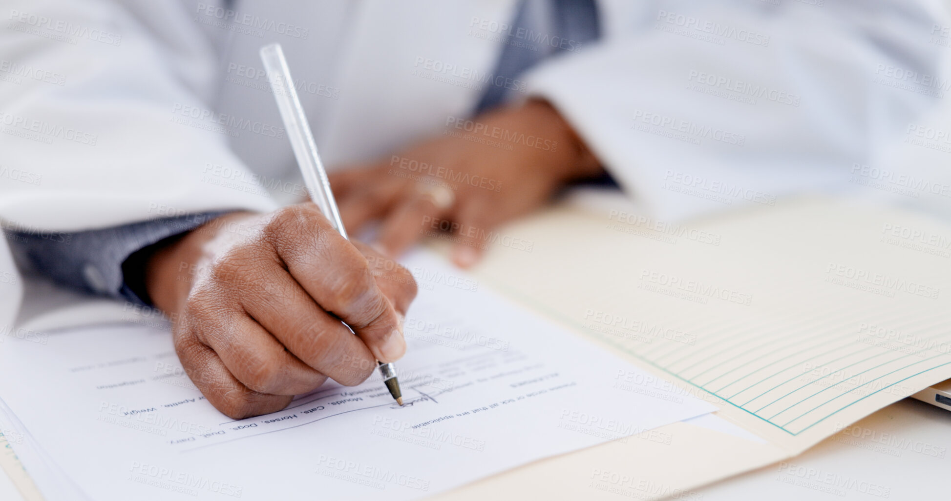 Buy stock photo Documents, signature and hands of businesswoman in office for deal, legal contract or agreement. Pen, writing and female attorney with paperwork for application form with title deed in workplace.