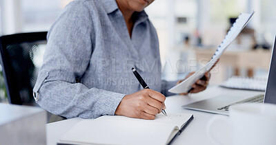 Buy stock photo Notebook, writing and hands of businessperson in office for legal proposal, contract or paperwork. Pen, planning and attorney with documents for application form with title deed in workplace.