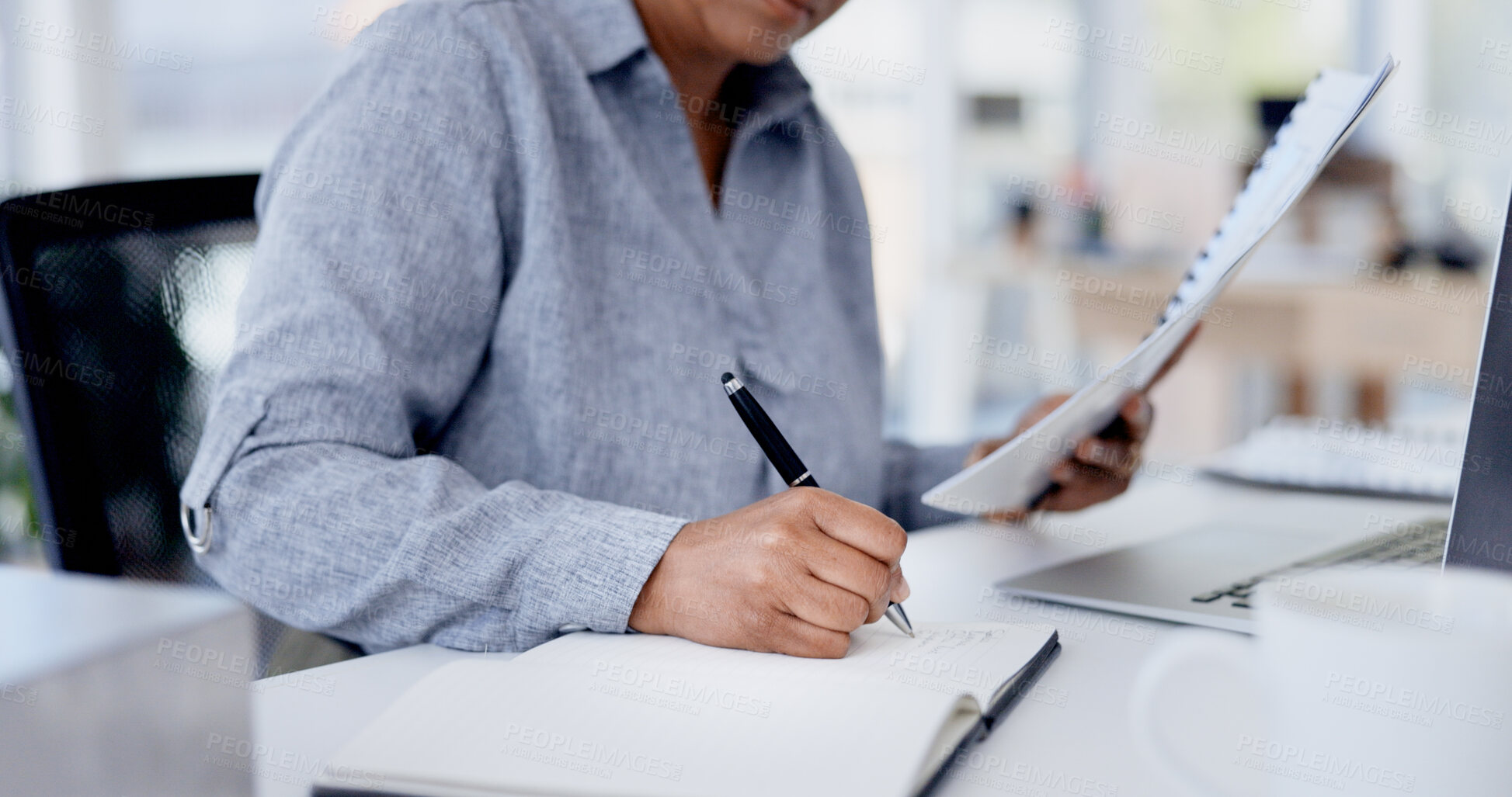 Buy stock photo Notebook, writing and hands of businessperson in office for legal proposal, contract or paperwork. Pen, planning and attorney with documents for application form with title deed in workplace.