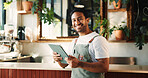 Portrait, tablet and man in cafe, smile and service for online order, internet and startup website. Barista, entrepreneur or person in restaurant, tech for inventory or planning menu with hospitality