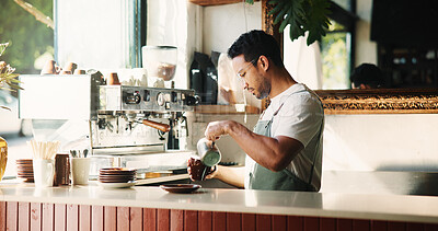 Buy stock photo Man, barista and drink in coffee shop for customer service, caffeine brewery or order preparation. Male person, espresso chef or latte artist crafting with bistro machine or store for hospitality